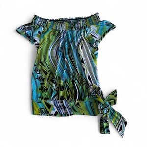 Heart Soul Vibrant Blue and Green Off-Shoulder Blouse